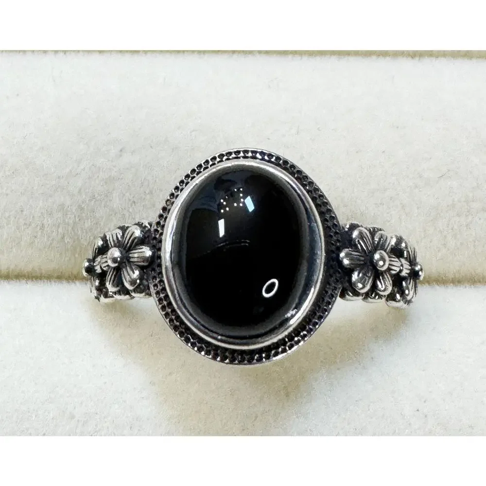 New Size 10 Black Onyx Color Cabochon Ring Silver Floral Vintage Style Ring R002